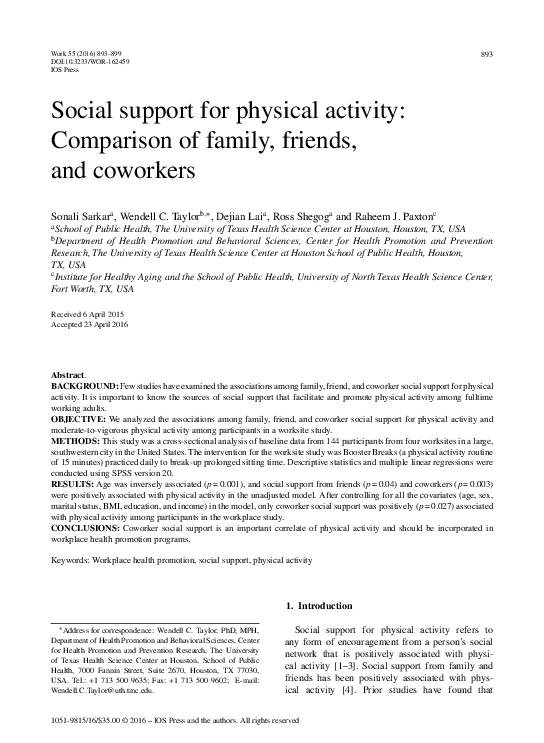 (PDF) Social support for physical activity: Comparison of family ...
