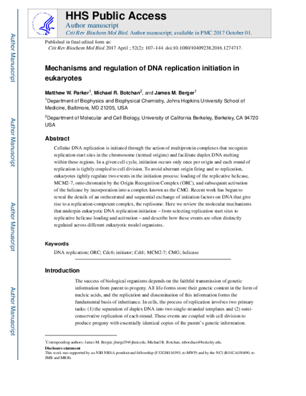 (PDF) Mechanisms and regulation of DNA replication initiation in eukaryotes