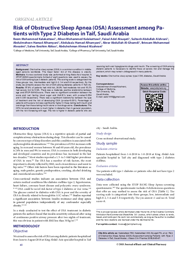 (PDF) Risk of Obstructive Sleep Apnea (OSA) Assessment among Patients ...