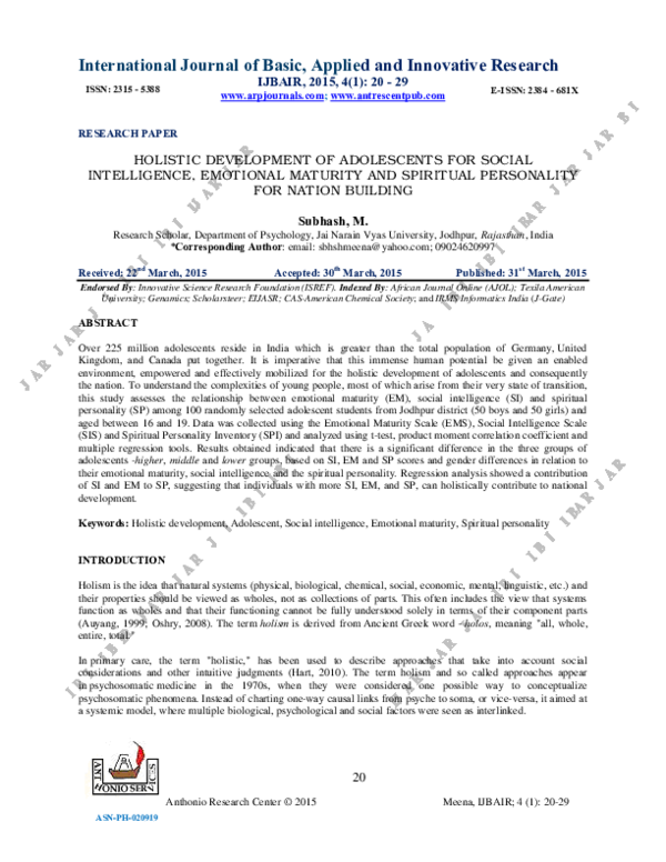 (PDF) Holistic Development of Adolescents for Social Intelligence ...