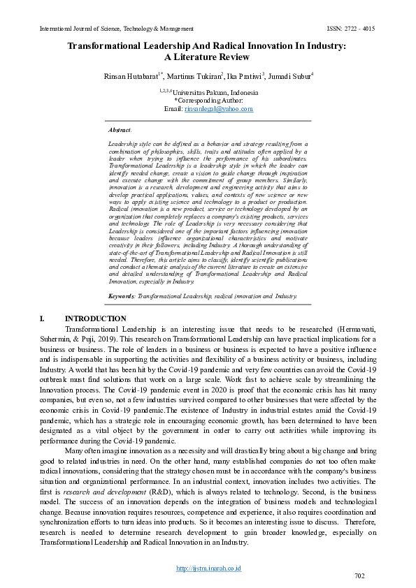 (PDF) Transformational Leadership And Radical Innovation In Industry: A ...