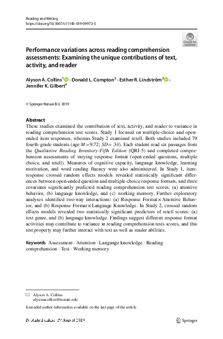 (PDF) Performance variations across reading comprehension assessments ...