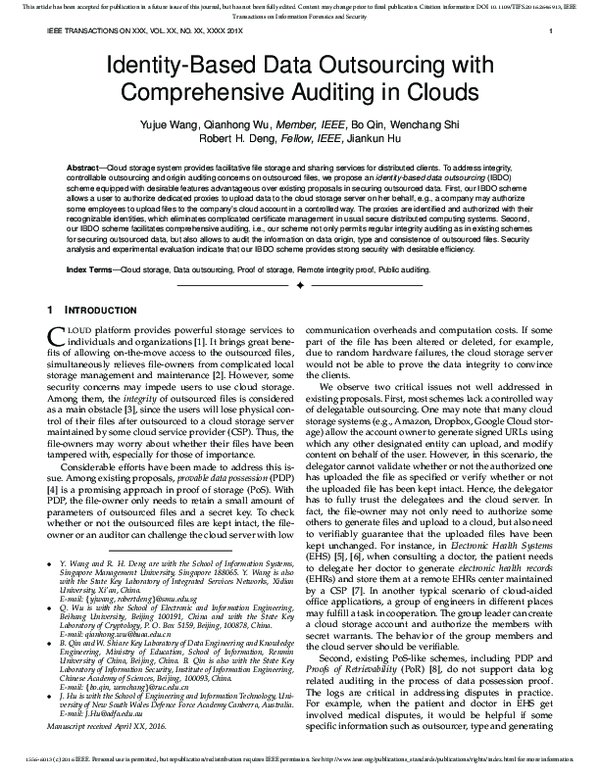 (PDF) Identity-Based Data Outsourcing With Comprehensive Auditing in Clouds