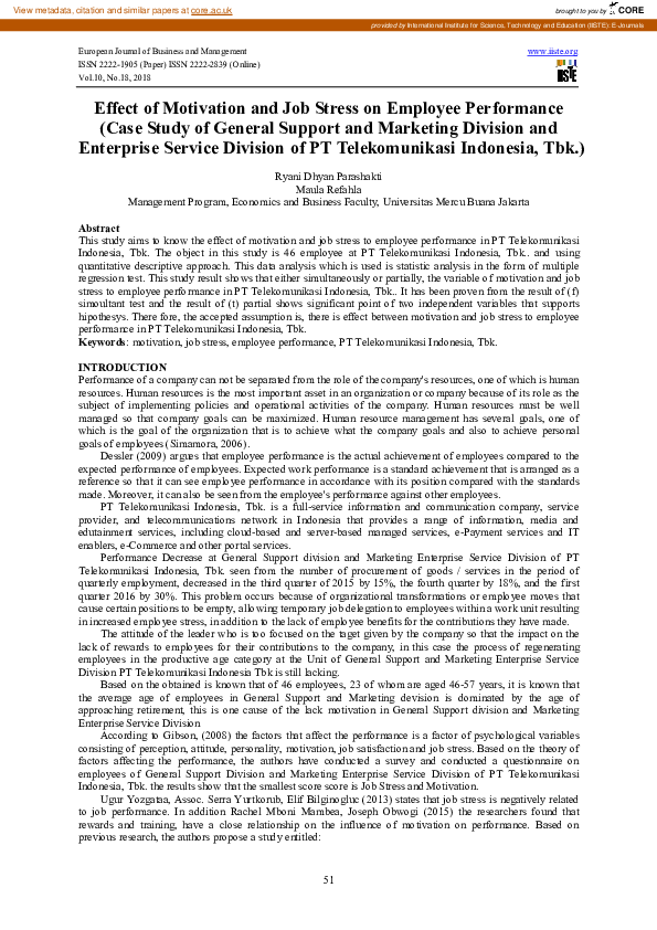 (PDF) Effect of Motivation and Job Stress on Employee Performance (Case ...