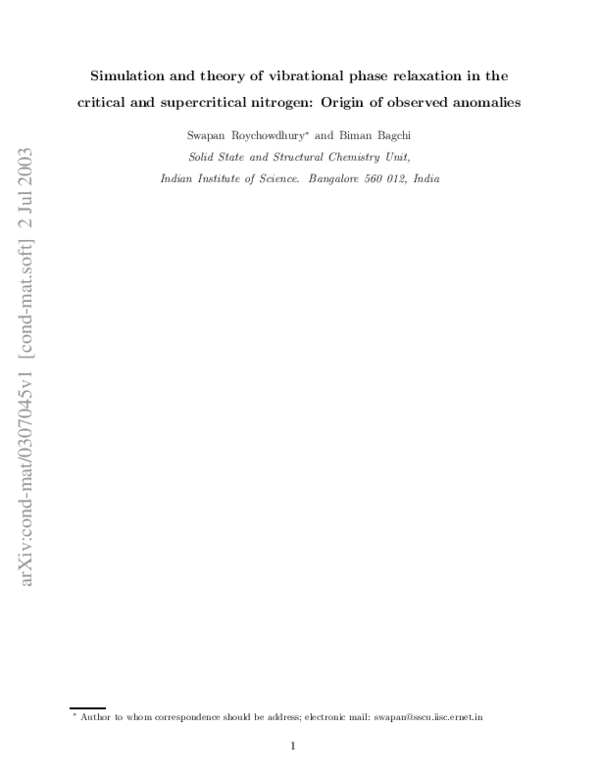 (PDF) Simulation and theory of vibrational phase relaxation in the ...