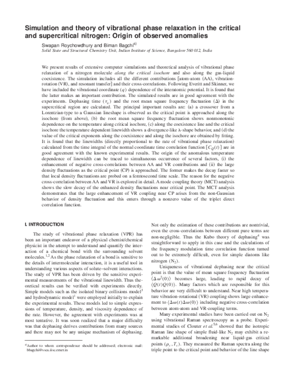 (PDF) Simulation and theory of vibrational phase relaxation in the ...