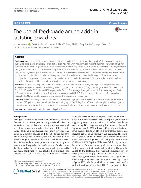 (PDF) The use of feed-grade amino acids in lactating sow diets