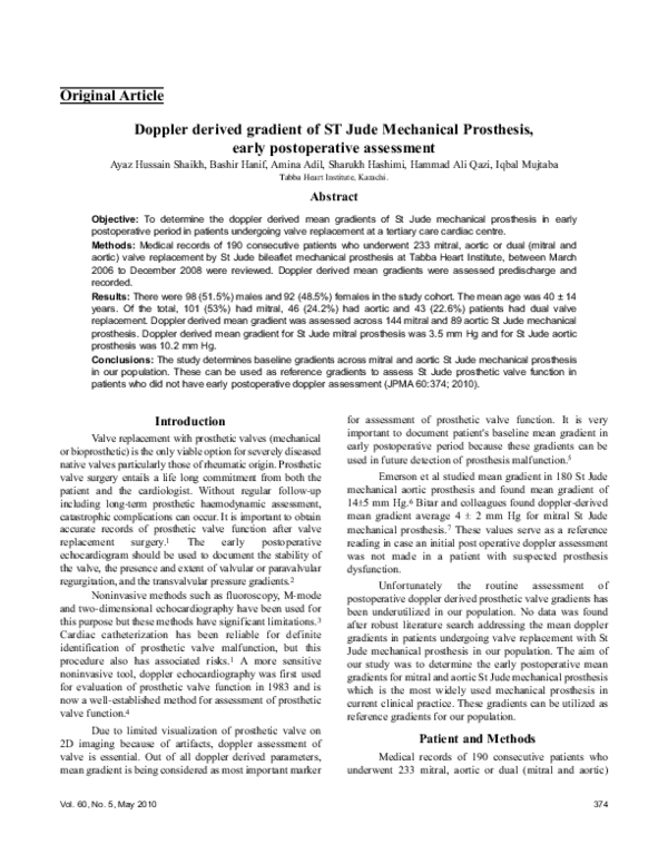 (PDF) Early Postoperative Doppler Gradients in St. Jude Prosthesis