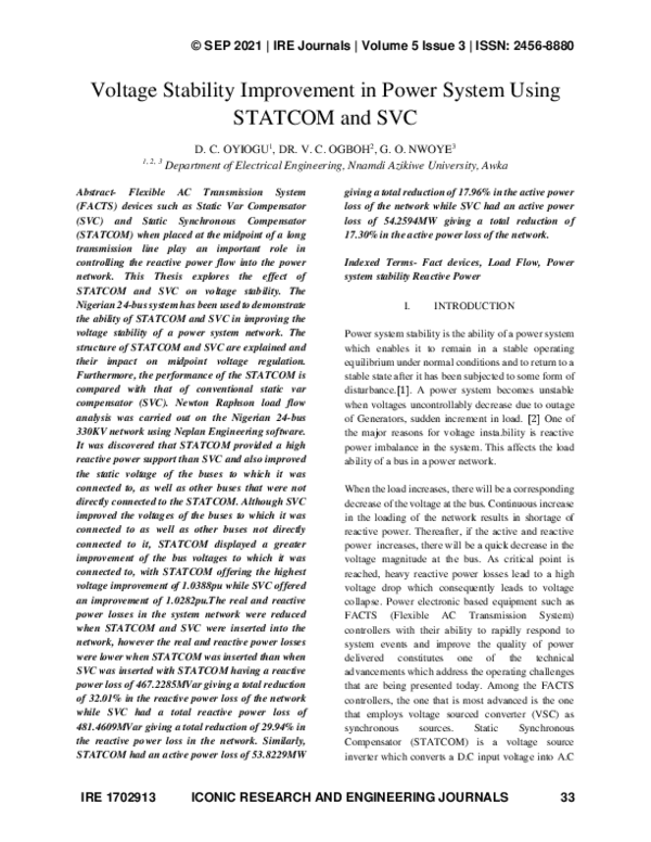 (PDF) Voltage Stability Improvement in Power System Using STATCOM and SVC