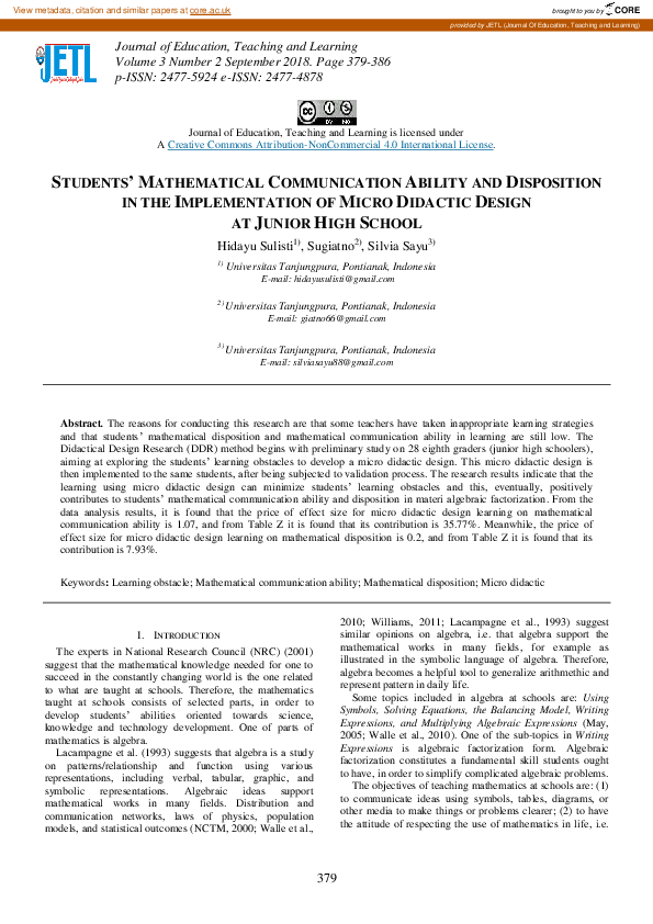 (PDF) Students' Mathematical Communication Ability and Disposition in ...