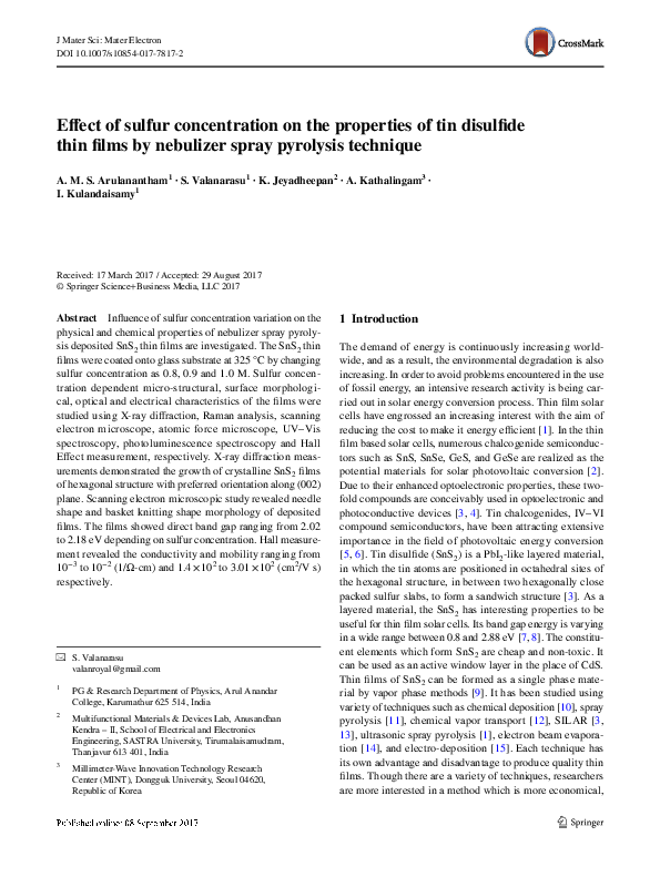 (PDF) Effect of sulfur concentration on the properties of tin disulfide ...