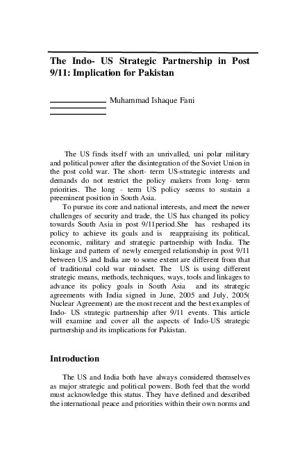 (PDF) The Indo-US Strategic Partnership in Post 9/11: Implication for ...