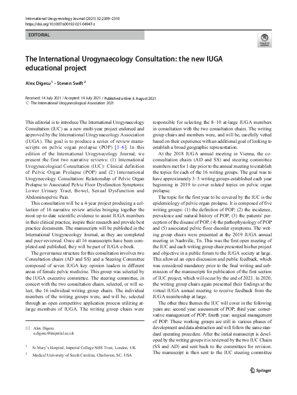 (PDF) The International Urogynaecology Consultation: the new IUGA ...
