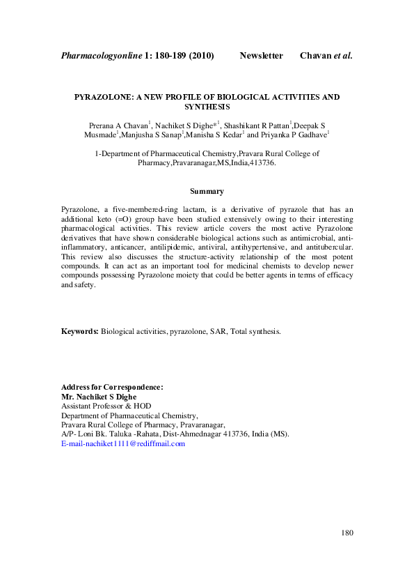 (PDF) Pyrazolone: A New Profile of Biological Activities and Synthesis