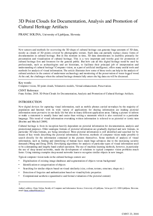 (PDF) 3D Point Clouds for Documentation, Analysis and Promotion of ...