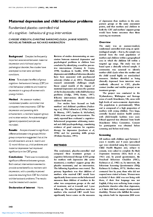 (PDF) Maternal depression and child behaviour problems