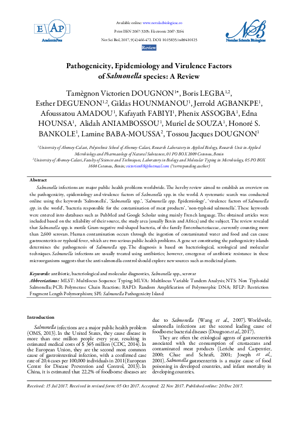 (PDF) Pathogenicity, Epidemiology and Virulence Factors of Salmonella ...