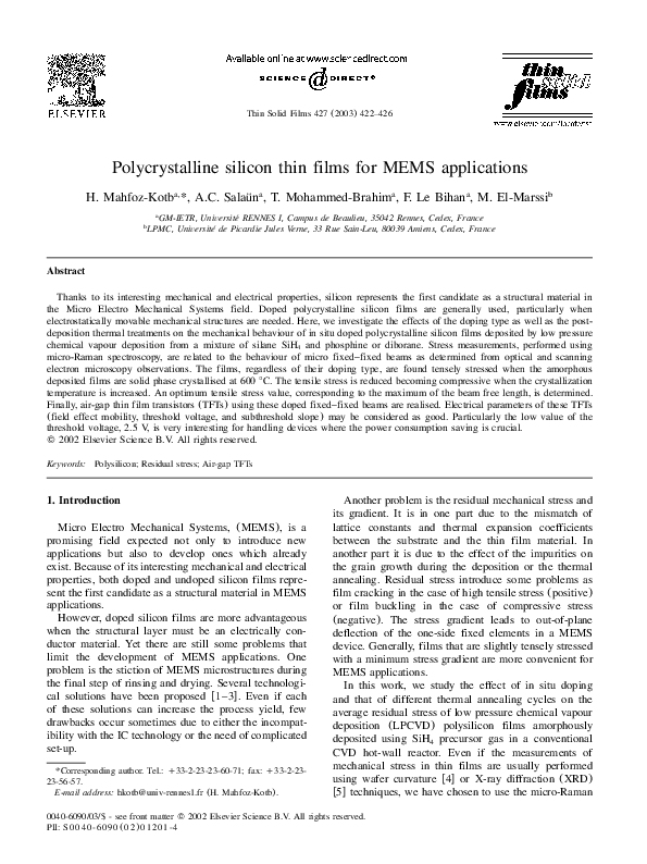 (PDF) Polycrystalline silicon thin films for MEMS applications