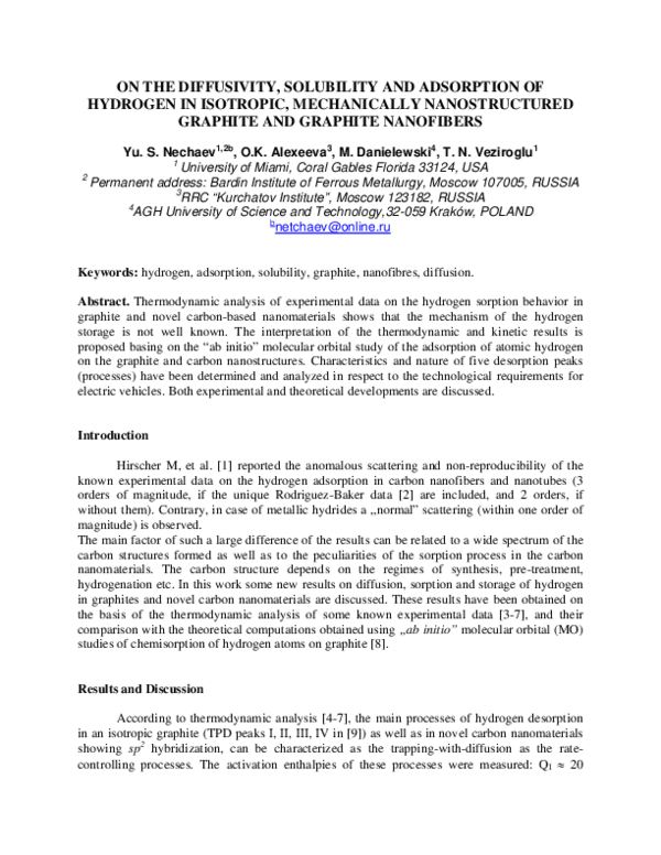 (PDF) On the Diffusivity, Solubility and Adsorption of Hydrogen in ...