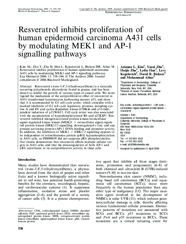(PDF) Resveratrol's Anticancer Mechanism in A431 Cells