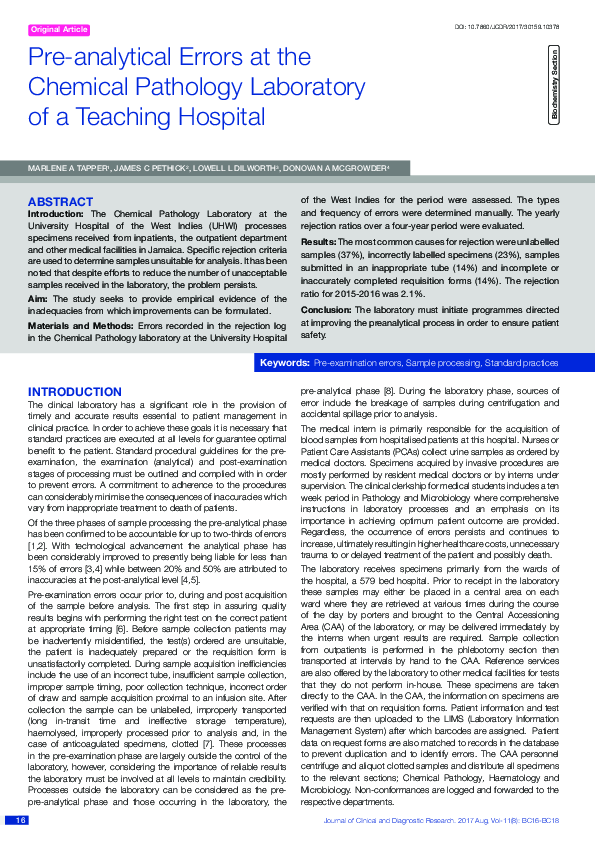 (PDF) Pre-analytical Errors at the Chemical Pathology Laboratory of a ...