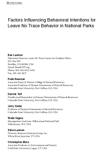 (PDF) Factors Influencing Behavioral Intentions for Leave No Trace ...