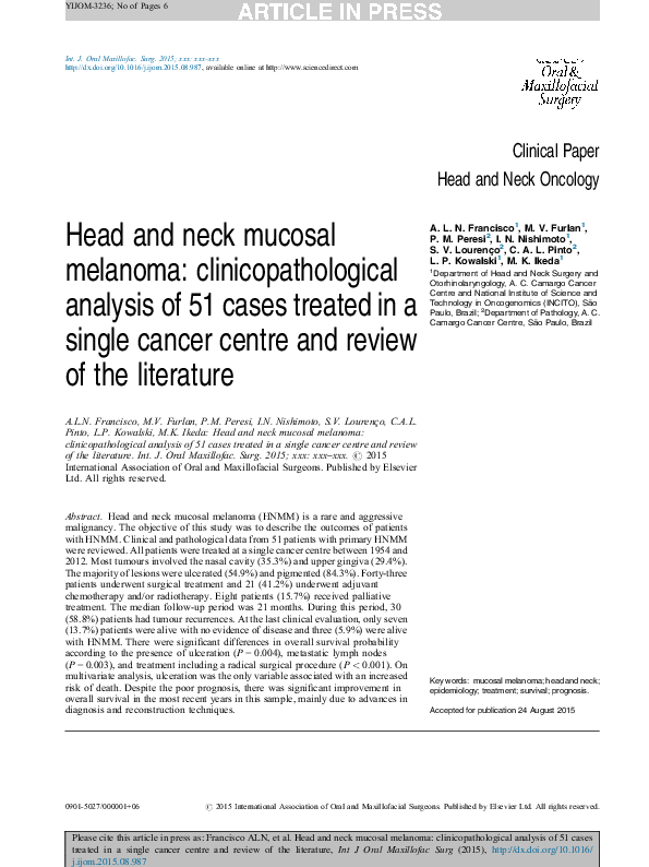 (PDF) Head and neck mucosal melanoma: clinicopathological analysis of ...