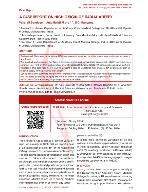 (PDF) A Case Report on High Origin of Radial Artery