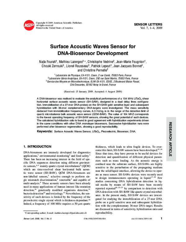 (PDF) Surface Acoustic Waves Sensor for DNA-Biosensor Development