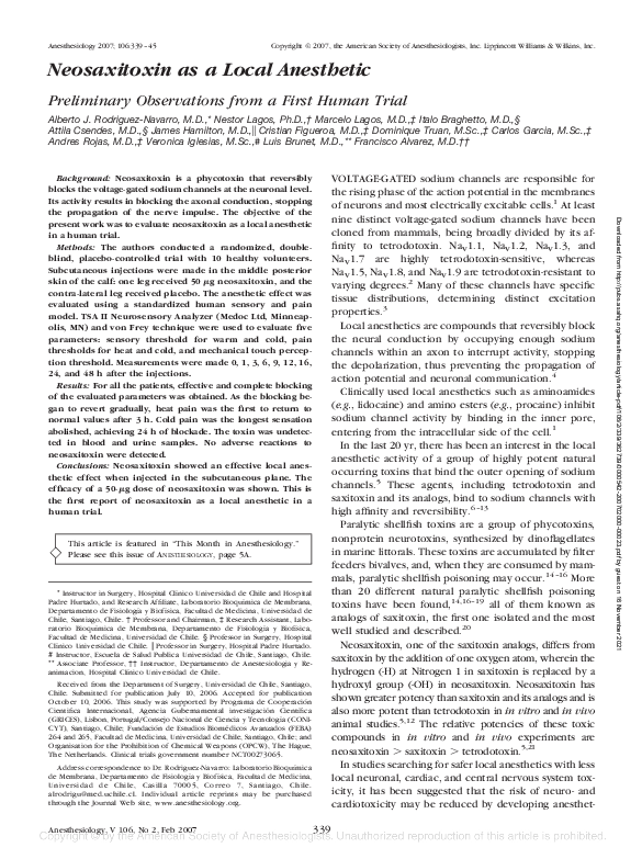 Neosaxitoxin as a Local Anesthetic