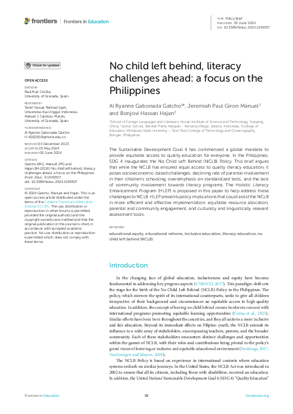(PDF) No child left behind, literacy challenges ahead: a focus on the ...