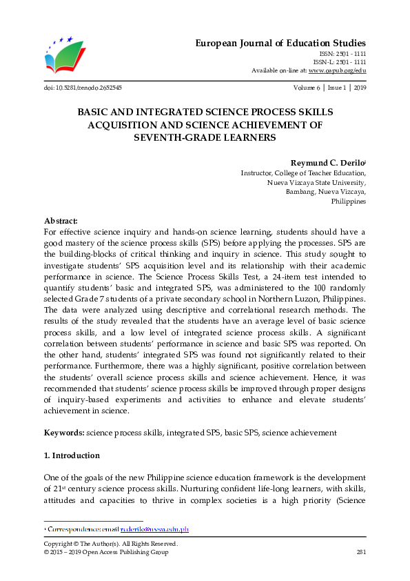 (PDF) Basic and Integrated Science Process Skills Acquisition and ...
