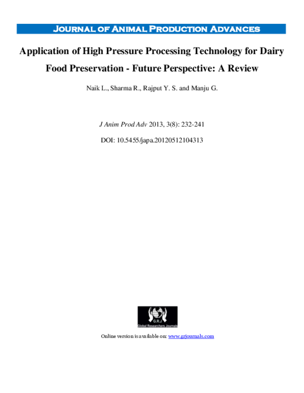 (PDF) Application of High Pressure Processing Technology for Dairy Food ...