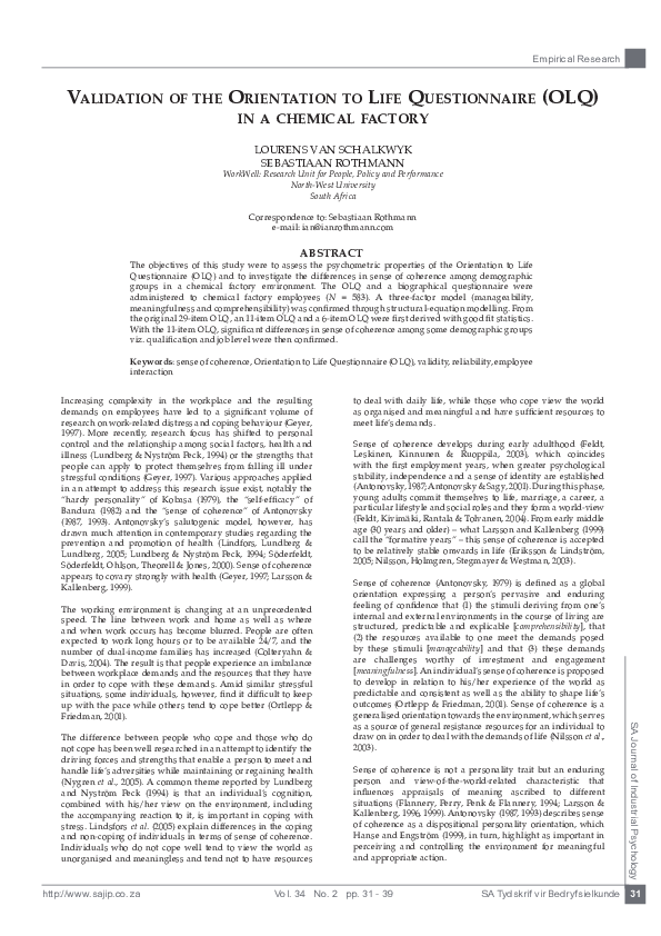 (PDF) Validation of the Orientation to Life Questionnaire in Norwegian ...