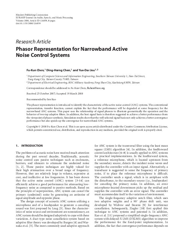 (PDF) Phasor Representation for Narrowband Active Noise Control Systems