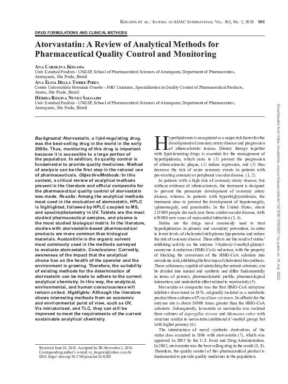 (PDF) Atorvastatin: A Review of Analytical Methods for Pharmaceutical ...