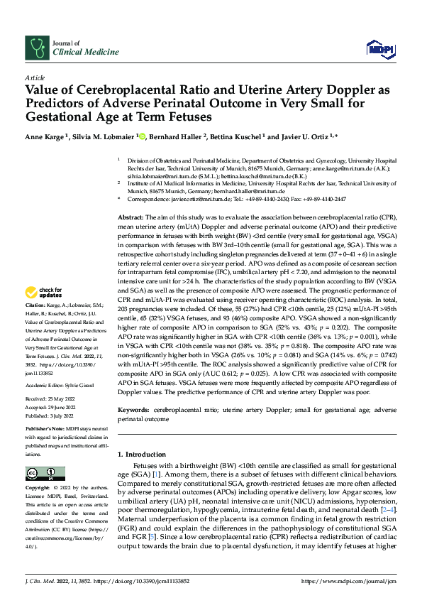 (PDF) Value of Cerebroplacental Ratio and Uterine Artery Doppler as ...