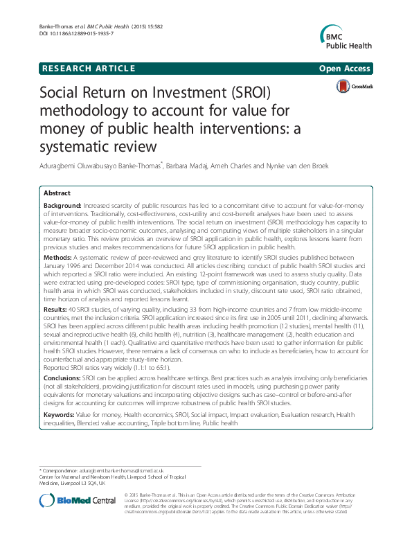 (PDF) Social Return on Investment (SROI) methodology to account for ...