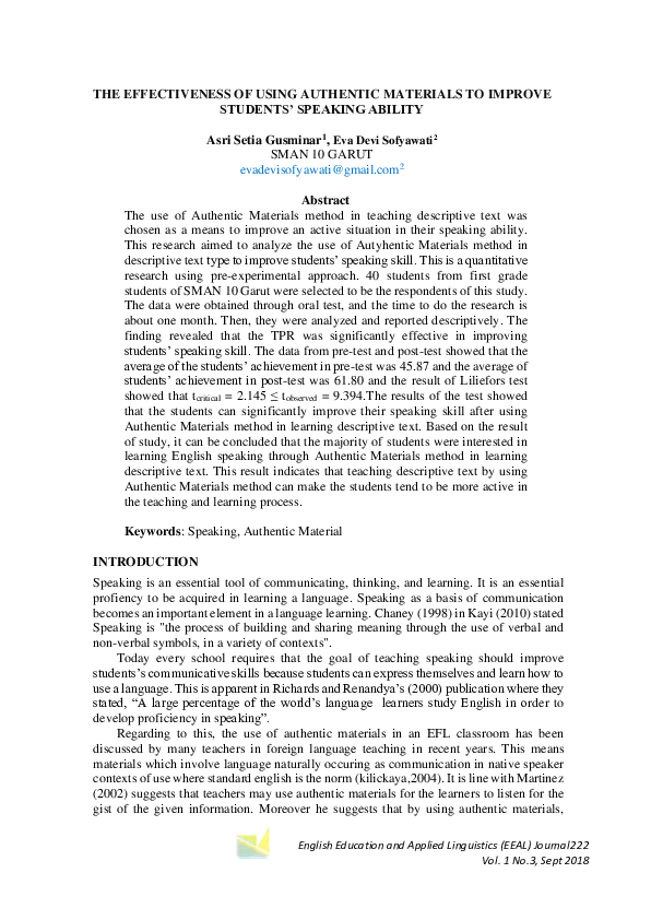 (PDF) The Effectiveness of Using Authentic Materials to Improve ...
