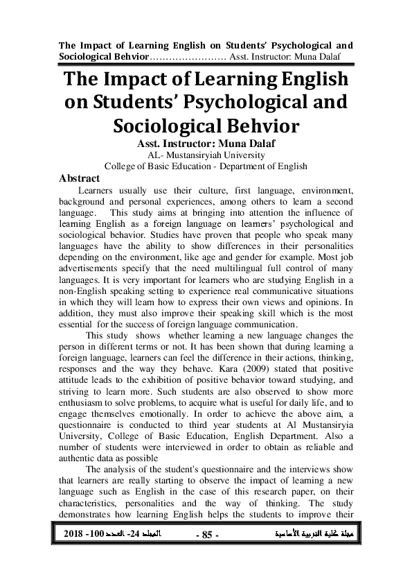 (PDF) The Impact of Learning English on Students' Psychological and ...