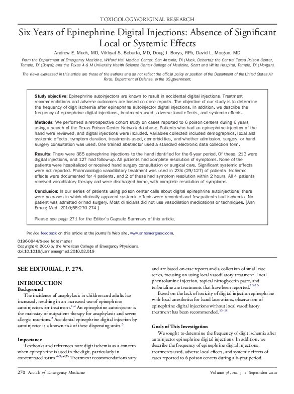 (PDF) Six Years of Epinephrine Digital Injections: Absence of ...