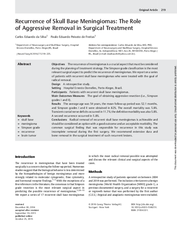 (PDF) Recurrence of Skull Base Meningiomas: The Role of Aggressive ...