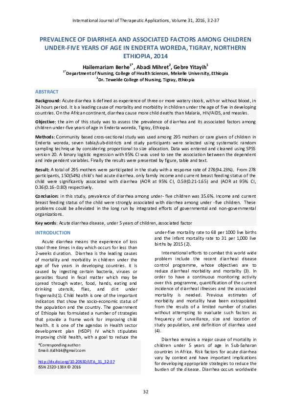 (PDF) Prevalence of Diarrhea and Associated Factors Among Children ...