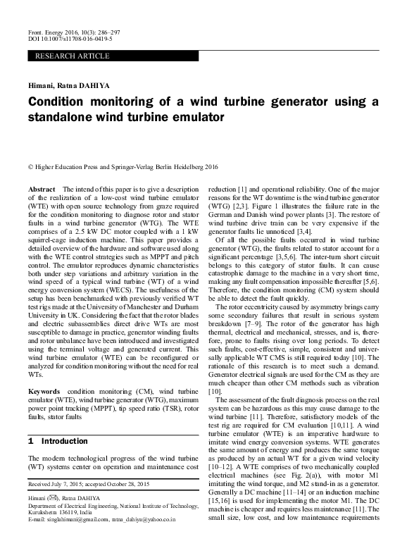 (PDF) Condition monitoring of a wind turbine generator using a ...