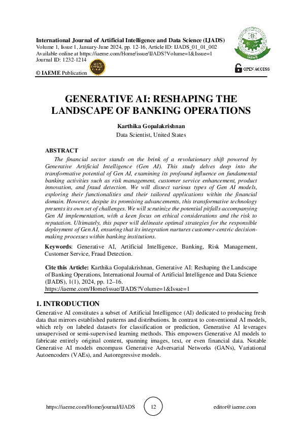 (PDF) GENERATIVE AI: RESHAPING THE LANDSCAPE OF BANKING OPERATIONS