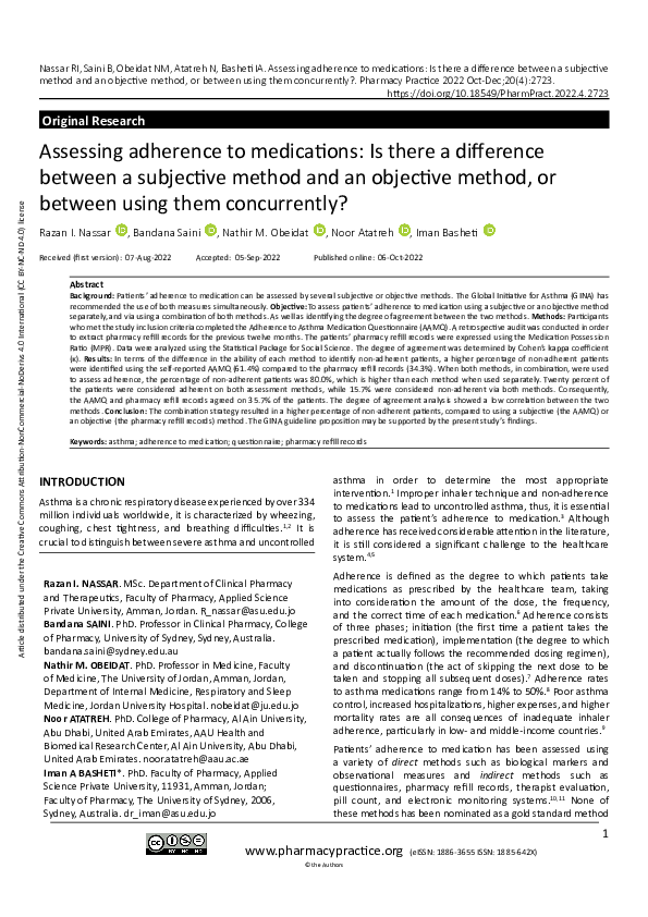 (PDF) Assessing adherence to medications: Is there a difference between ...
