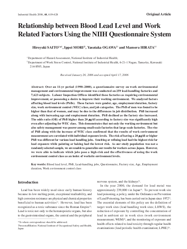 (PDF) Relationship between Blood Lead Level and Work Related Factors ...
