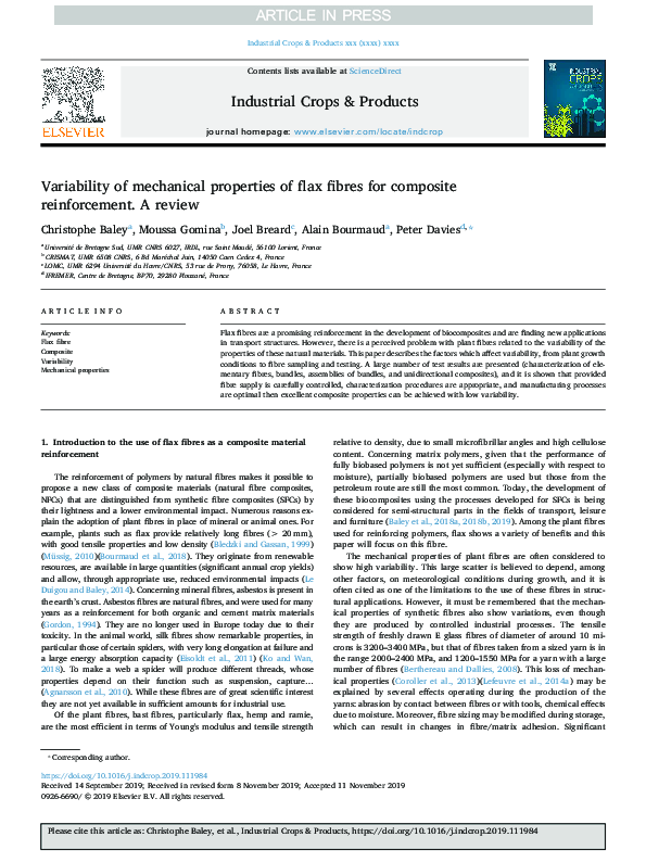 (PDF) Variability of mechanical properties of flax fibres for composite ...