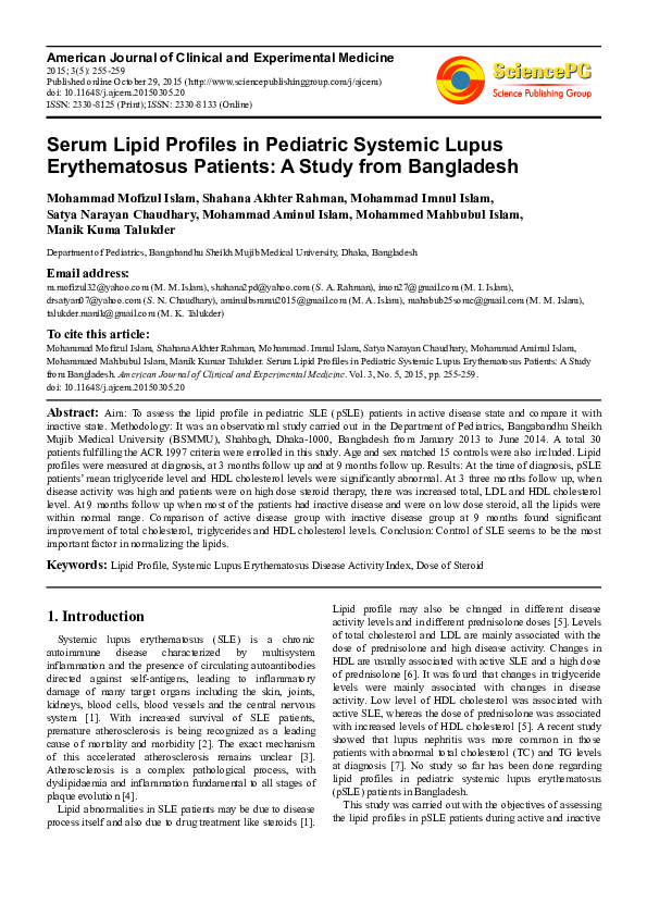(PDF) Serum Lipid Profiles in Pediatric Systemic Lupus Erythematosus ...