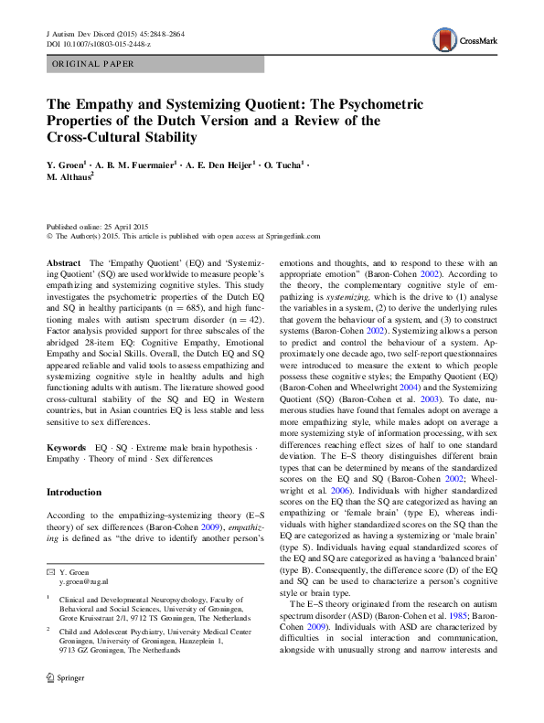 (PDF) The Empathy and Systemizing Quotient: The Psychometric Properties ...